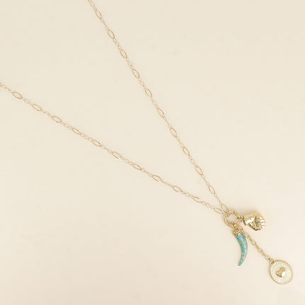 Sautoir - anneau et pendentifs (poing, main, corne émaillée, coeur)