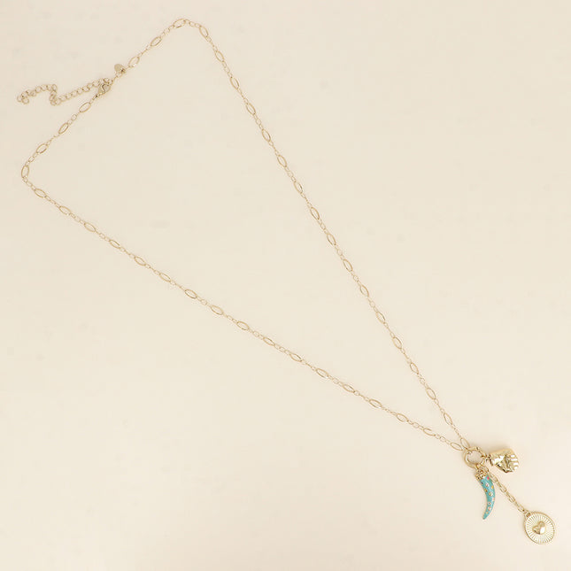 Sautoir - anneau et pendentifs (poing, main, corne émaillée, coeur)