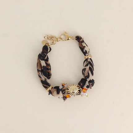 Bracelet - tissu, pièces en acier inoxydable, perles taillées et en résine, pendentif fleur