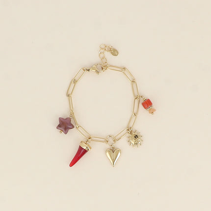 Bracelet - coeur, perle céramique émaillée, soleil, étoile et corne en résine