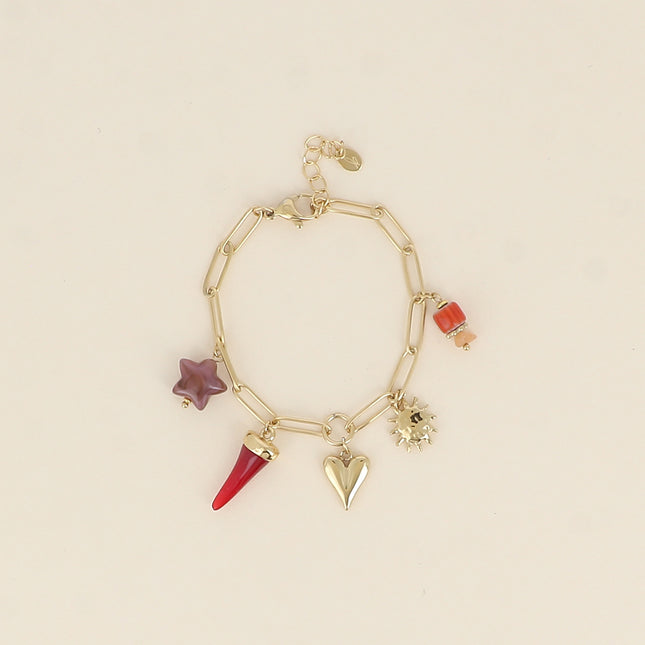 Bracelet - coeur, perle céramique émaillée, soleil, étoile et corne en résine