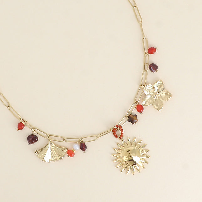 Collier - ginko, pierres naturelles, soleil, fleur, étoile