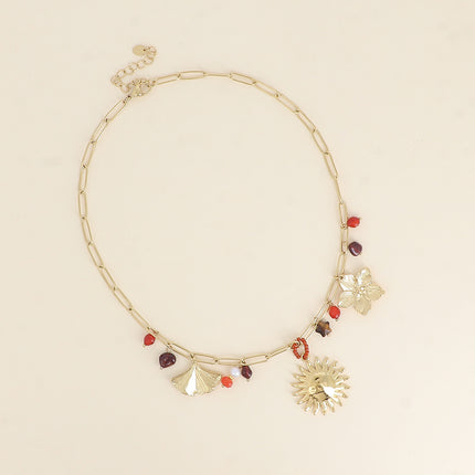 Collier - ginko, pierres naturelles, soleil, fleur, étoile