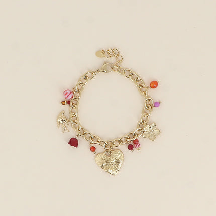 Bracelet - glazed ceramic beads, natural stones, bird, heart, flower