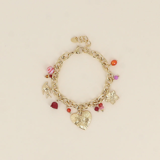Bracelet - glazed ceramic beads, natural stones, bird, heart, flower