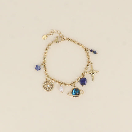 Bracelet - soleil, étoiles, Saturne, pierres naturelles, perle d'eau douce
