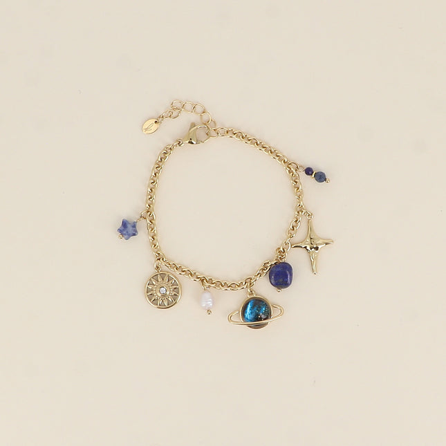 Bracelet - soleil, étoiles, Saturne, pierres naturelles, perle d'eau douce