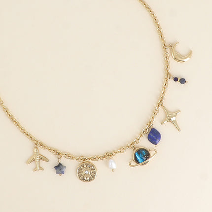 Collier - soleil, étoiles, Saturne, pierres naturelles, perle d'eau douce