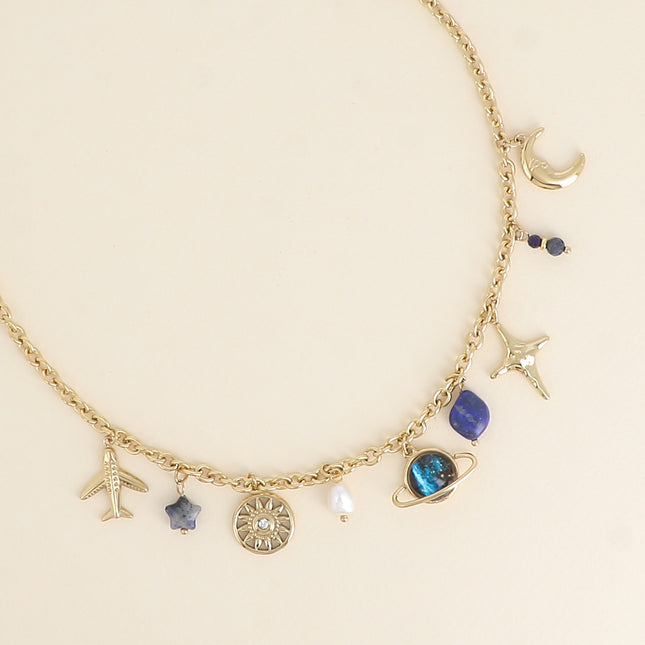 Collier - soleil, étoiles, Saturne, pierres naturelles, perle d'eau douce