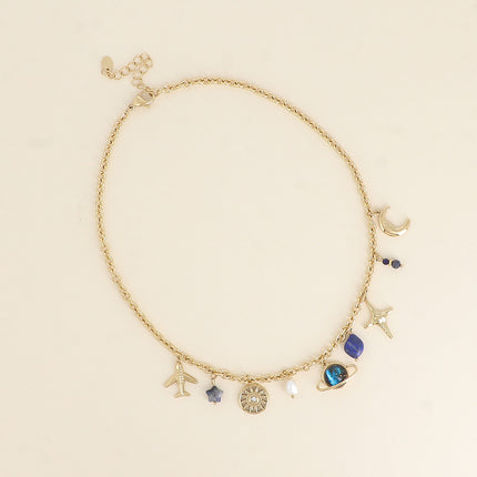 Collier - soleil, étoiles, Saturne, pierres naturelles, perle d'eau douce