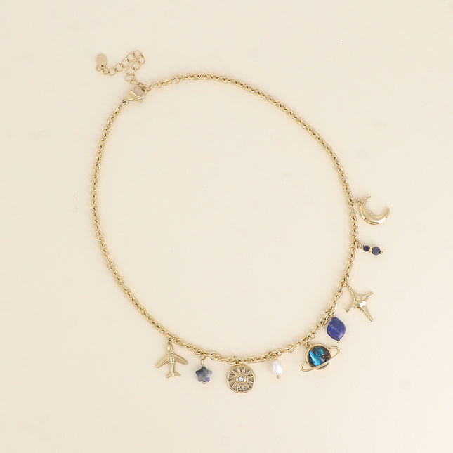 Collier - soleil, étoiles, Saturne, pierres naturelles, perle d'eau douce