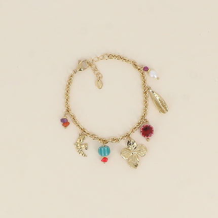 Bracelet - natural stones, bird, foliage, clover, glazed ceramic beads, freshwater pearl