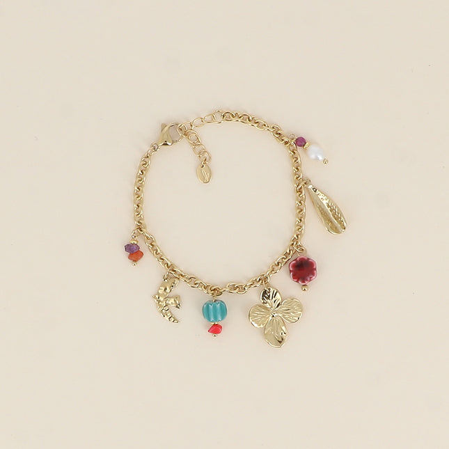 Bracelet - natural stones, bird, foliage, clover, glazed ceramic beads, freshwater pearl
