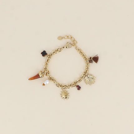 Bracelet - trèfle en pierre naturelle, perle d'eau douce, soleil, lune, pompon, corne en résine