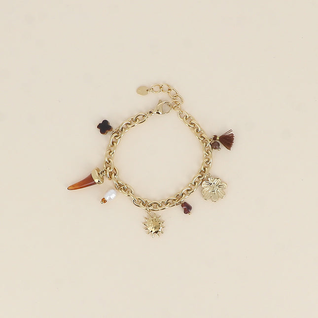 Bracelet - trèfle en pierre naturelle, perle d'eau douce, soleil, lune, pompon, corne en résine