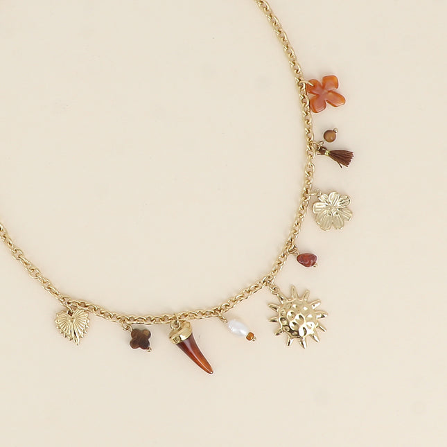 Collier - trèfle en pierre naturelle, perle d'eau douce, soleil, lune, pompon, corne en résine