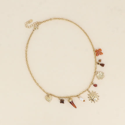 Collier - trèfle en pierre naturelle, perle d'eau douce, soleil, lune, pompon, corne en résine