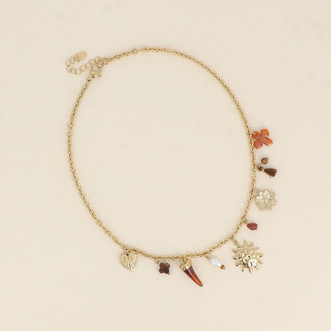 Collier - trèfle en pierre naturelle, perle d'eau douce, soleil, lune, pompon, corne en résine