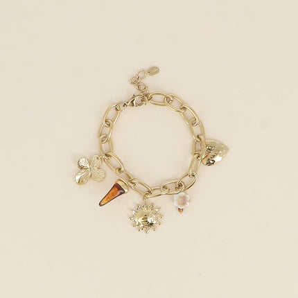 Bracelet - glazed ceramic bead, clover, sun, heart and resin horn