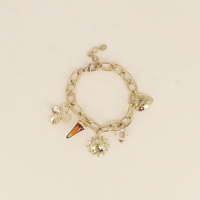 Bracelet - perle céramique émaillée, trèfle, soleil, coeur et corne en résine