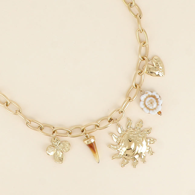 Collier - perle céramique émaillée, trèfle, soleil, coeur et corne en résine