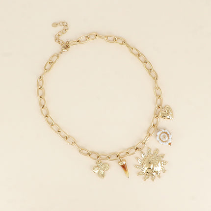 Collier - perle céramique émaillée, trèfle, soleil, coeur et corne en résine