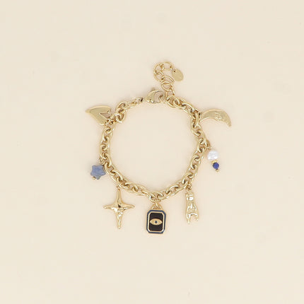 Bracelet - coeur, étoile, oeil, main, lune, pierre naturelle, émail et perle d'eau douce