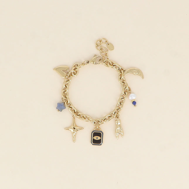 Bracelet - coeur, étoile, oeil, main, lune, pierre naturelle, émail et perle d'eau douce