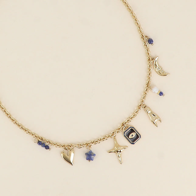 Collier - coeur, étoile, oeil, main, lune, pierre naturelle, émail et perle d'eau douce