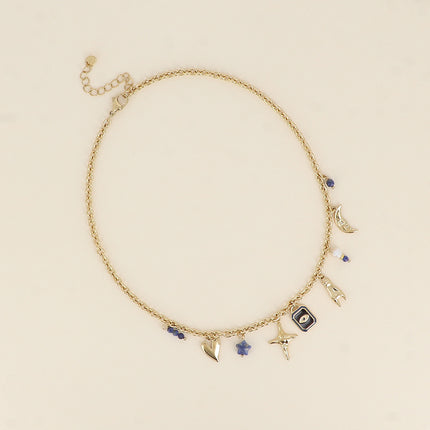 Collier - coeur, étoile, oeil, main, lune, pierre naturelle, émail et perle d'eau douce
