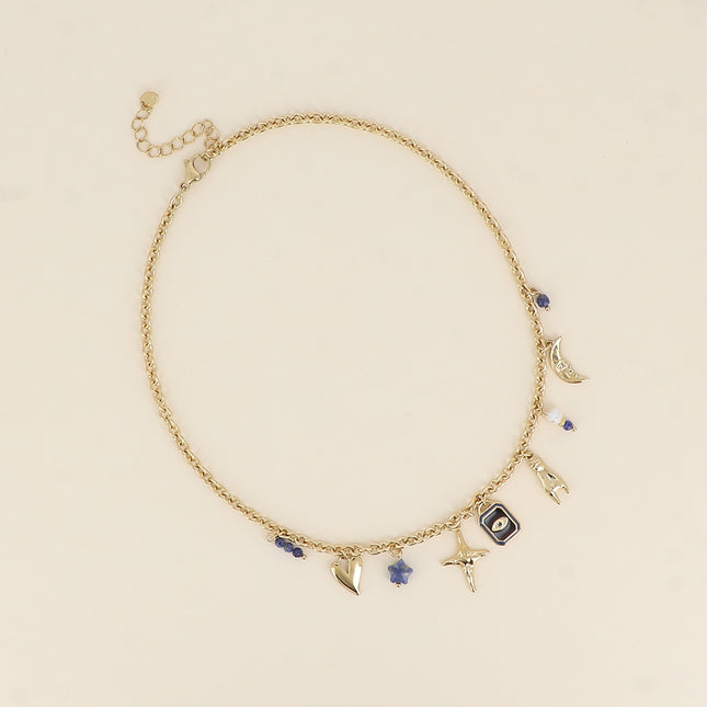 Collier - coeur, étoile, oeil, main, lune, pierre naturelle, émail et perle d'eau douce