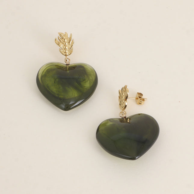 Dangle earrings - resin feather and heart