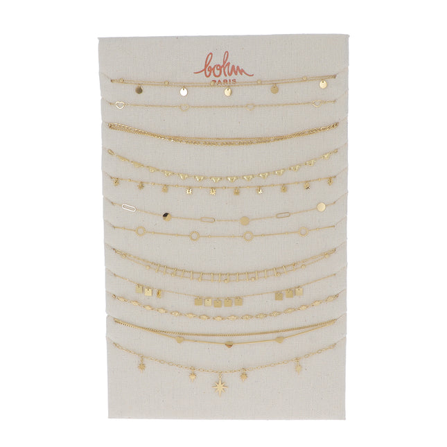 Kit de 24 (12+12) colliers - doré - prix moyen de 5,80€/pc - Présentoir offert