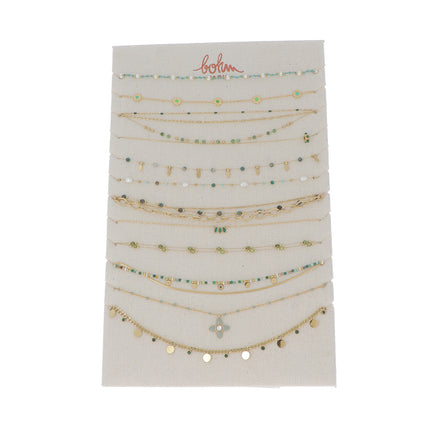 Kit de 24 (12+12) colliers - doré vert - prix moyen de 7,70€/pc - Présentoir offert