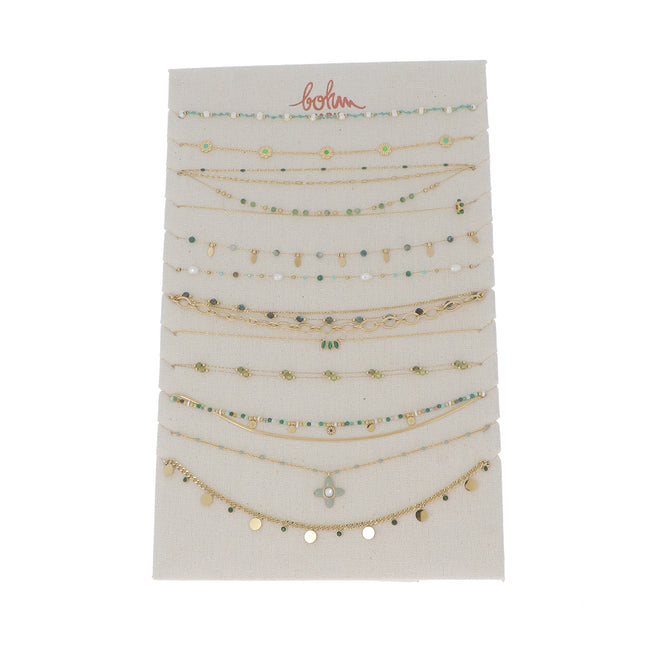 Kit de 24 (12+12) colliers - doré vert - prix moyen de 7,70€/pc - Présentoir offert