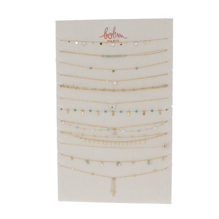 Kit de 24 (12+12) colliers - doré bleu - prix moyen de 5,90€/pc - Présentoir offert