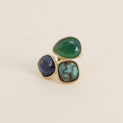 Bague ouverte Idrissa - 3 pierres naturelles, goutte et carrées 10mm