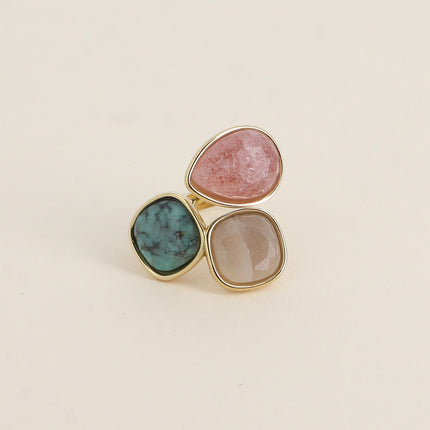 Bague ouverte Idrissa - 3 pierres naturelles, goutte et carrées 10mm