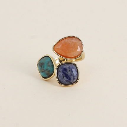 Bague ouverte Idrissa - 3 pierres naturelles, goutte et carrées 10mm