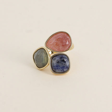 Bague ouverte Idrissa - 3 pierres naturelles, goutte et carrées 10mm