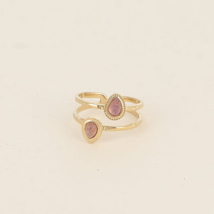 Bague - 2 rangs, 2 pierres naturelles gouttes, contour effet milgrain