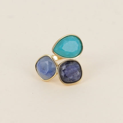 Bague ouverte Idrissa - 3 pierres naturelles, goutte et carrées 10mm