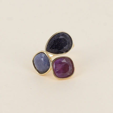 Bague ouverte Idrissa - 3 pierres naturelles, goutte et carrées 10mm