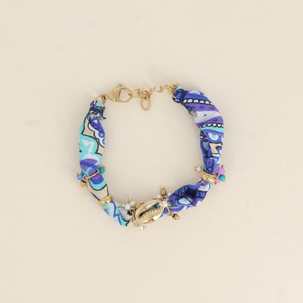 Bracelet - fabric, stainless steel and resin beads, cowrie shell pendant
