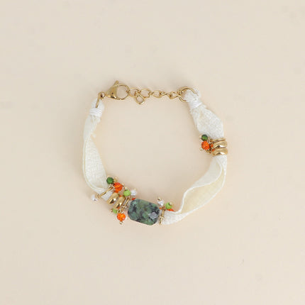 Bracelet - tissu, perles en acier inoxydable et résine, pendentif rectangulaire en pierre naturelle