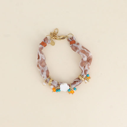 Bracelet - tissu, perles en acier inoxydable et résine, pendentif fleur nacrée