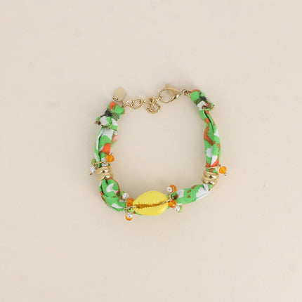 Bracelet - fabric, stainless steel and resin beads, enamel cowrie shell pendant