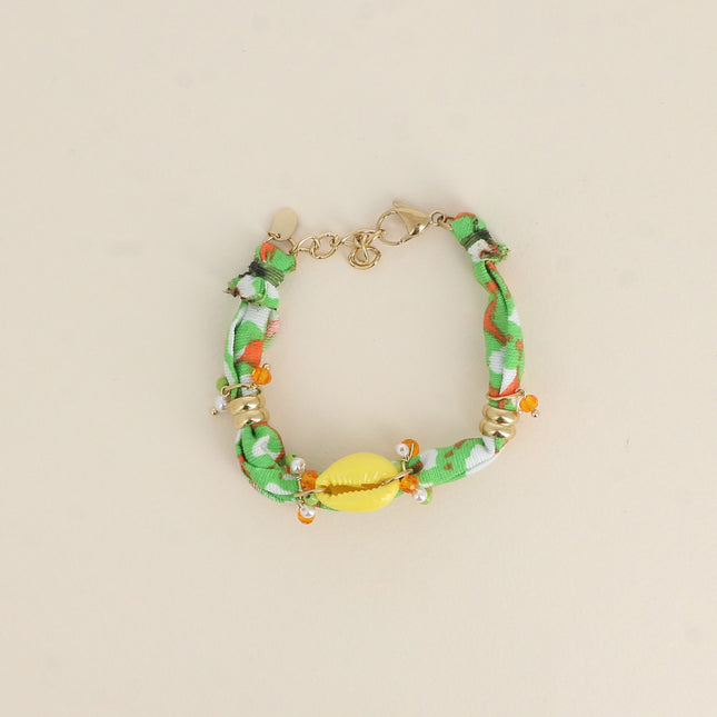 Bracelet - tissu, perles en acier inoxydable et résine, pendentif cauri en émail