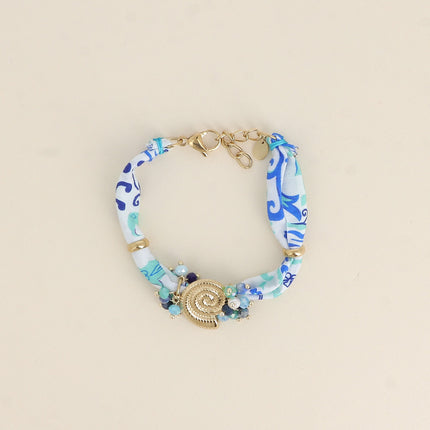 Bracelet - fabric, stainless steel and resin beads, seashell pendant