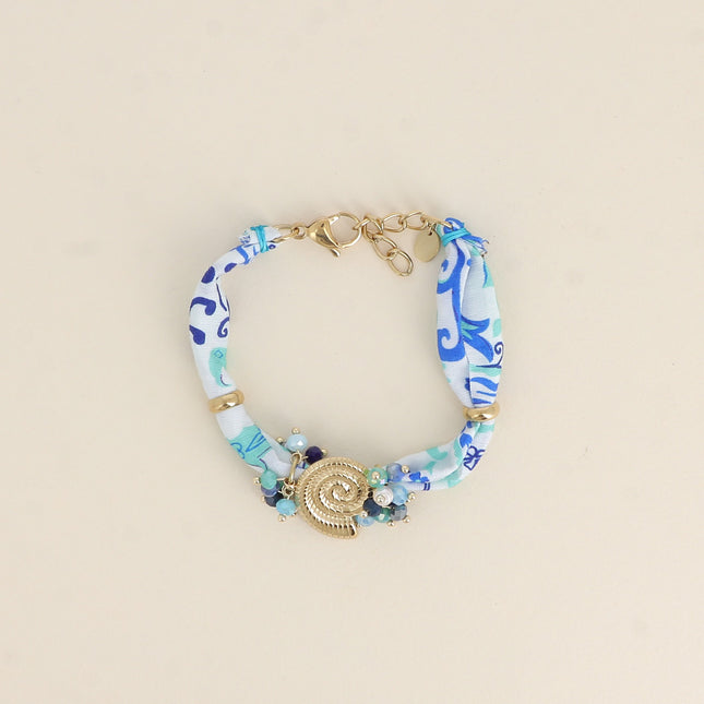 Bracelet - tissu, perles en acier inoxydable et résine, pendentif coquillage